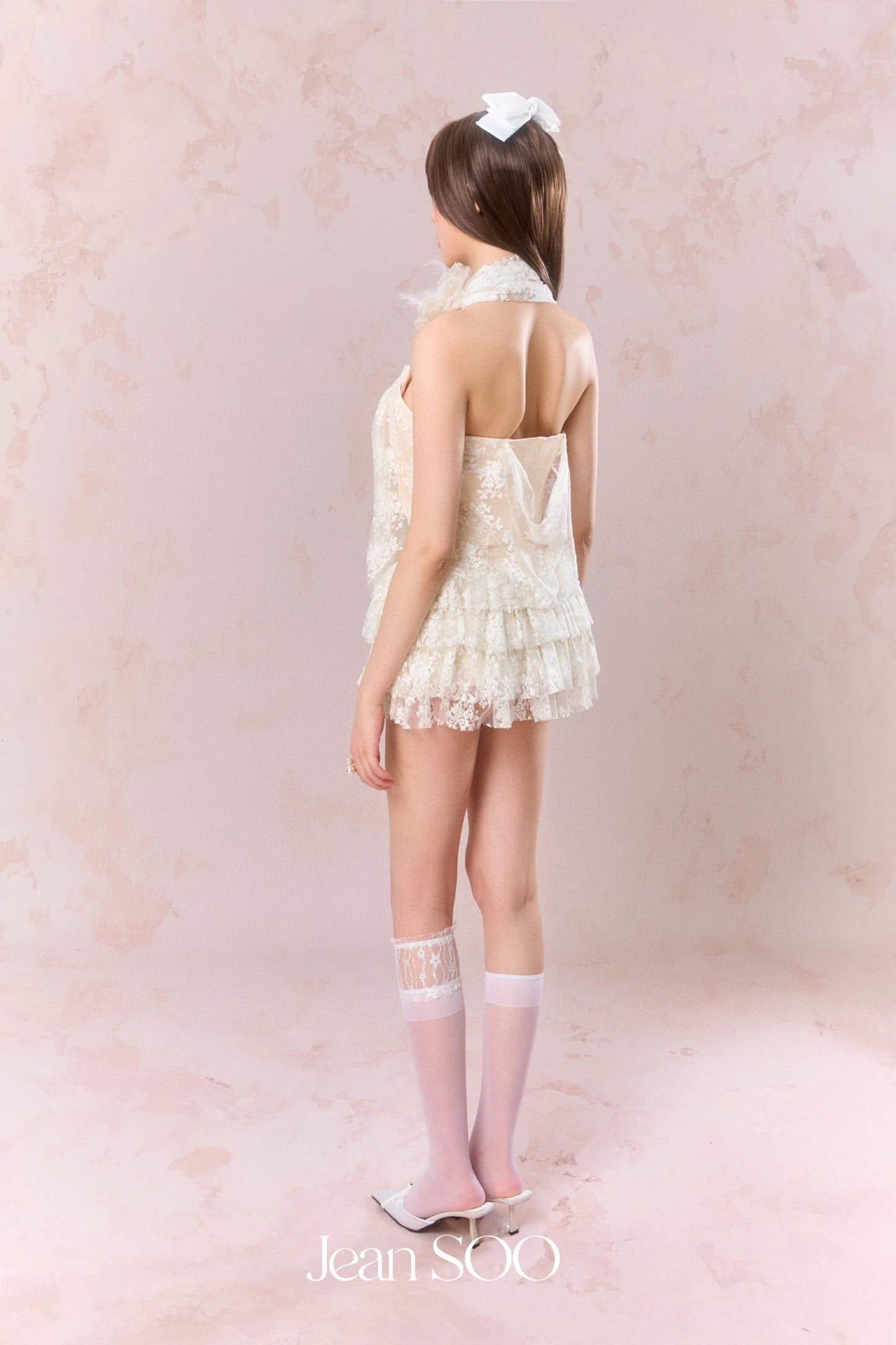 JEAN SOO Cream Neck-hanging Lace Irregular Top & Cake Skirt