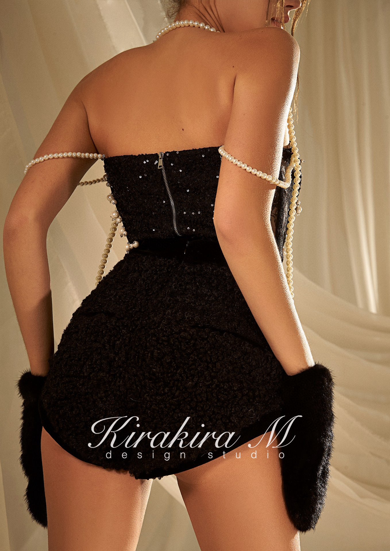 KIRAKIRA M Black glitter laced top and short with pearls detail