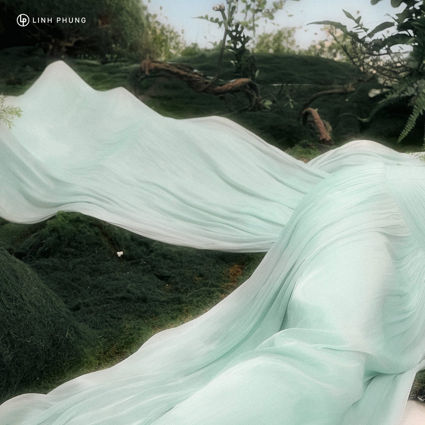 LINH PHUNG Elegant Fairycore Green Morgane Maxi Dress