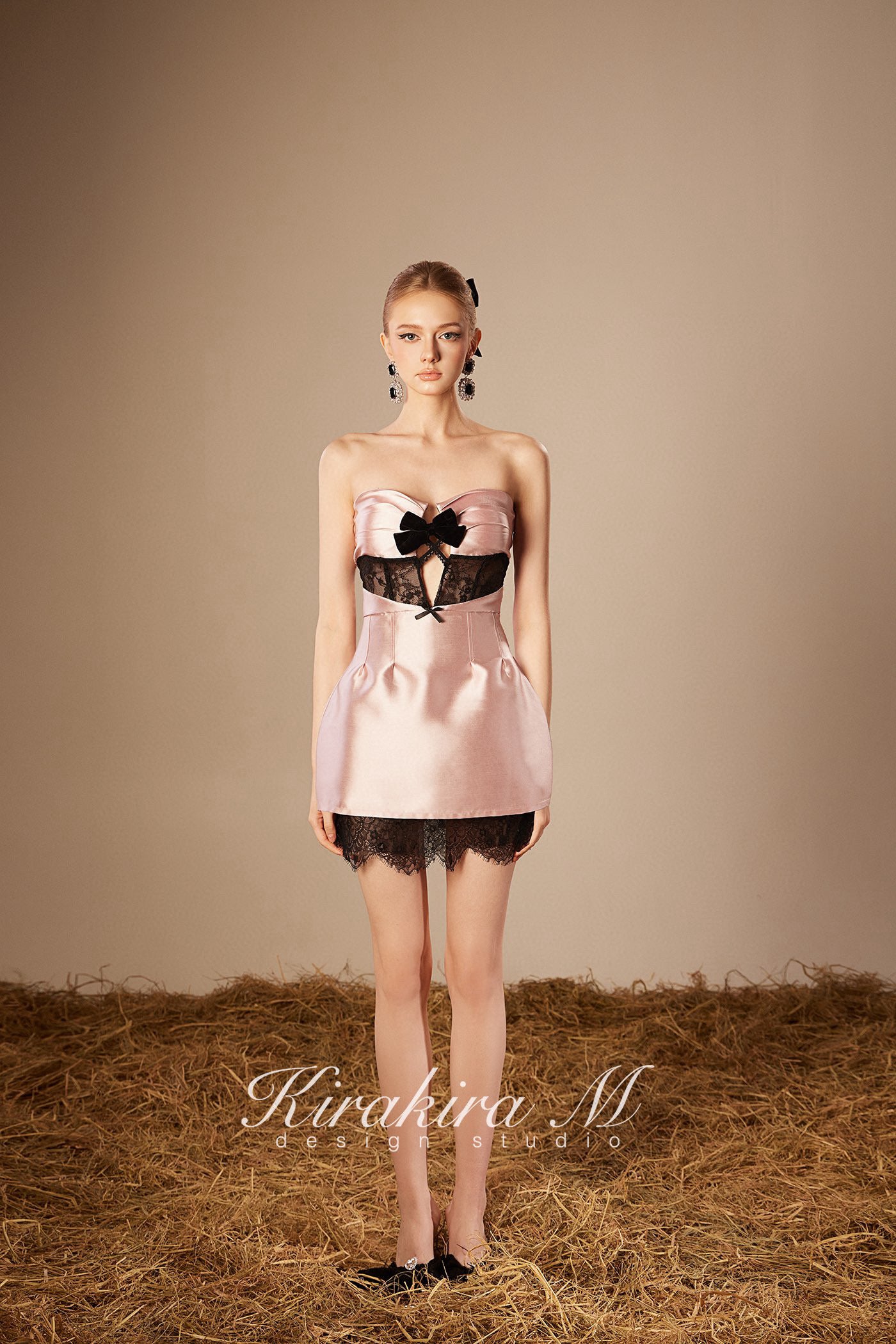 KIRAKIRA M Pink Shiny Hollow Out Bow Embellished Sheath Mini Dress