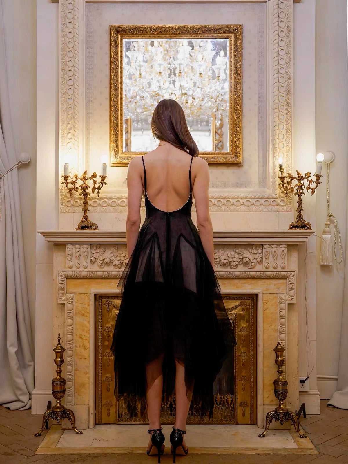 Black V-Neck Sheer Pleated Tulle Midi Dress