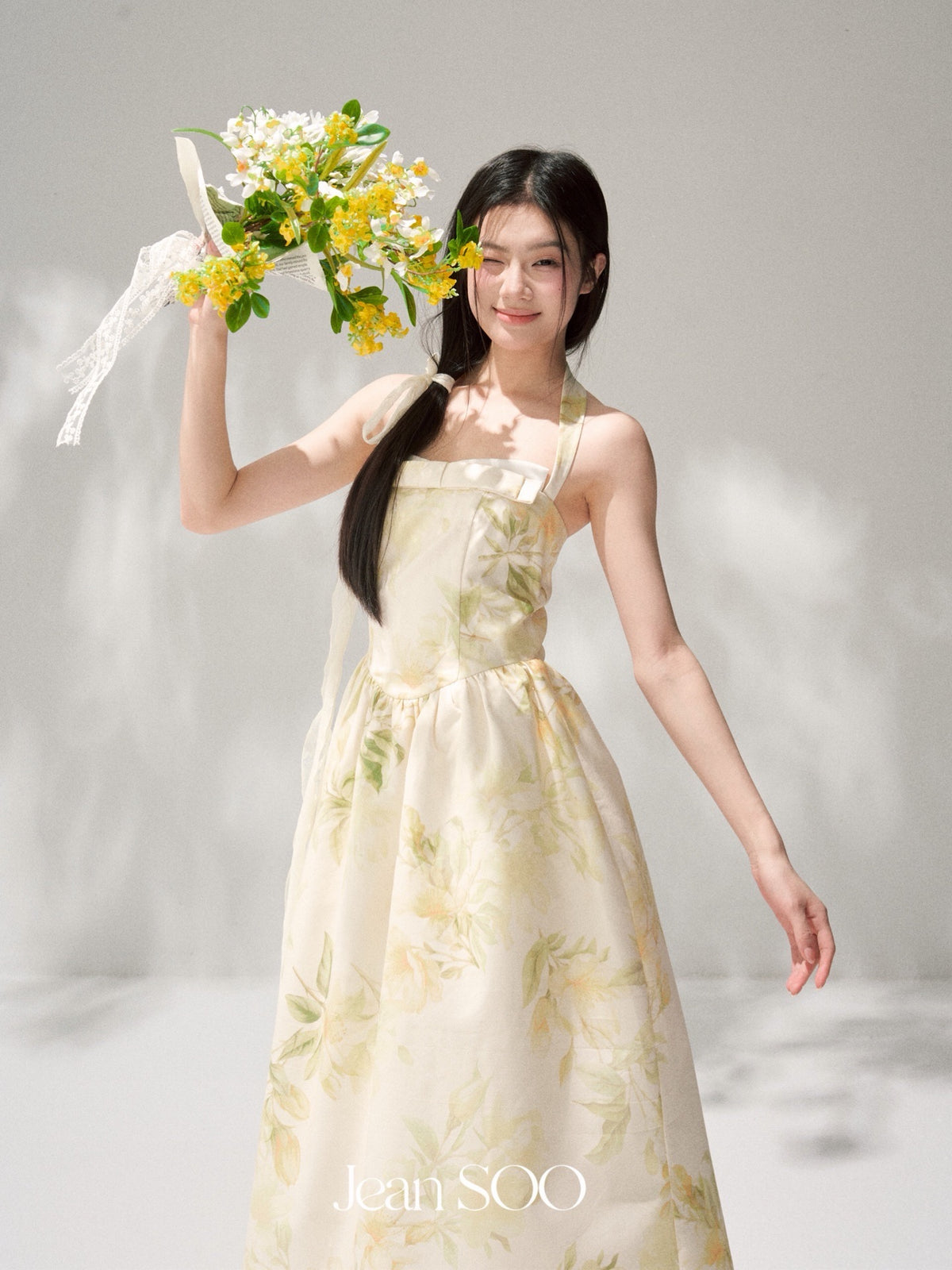 Yellow Ink Floral Halter Strapless Bow Swing Midi Dress