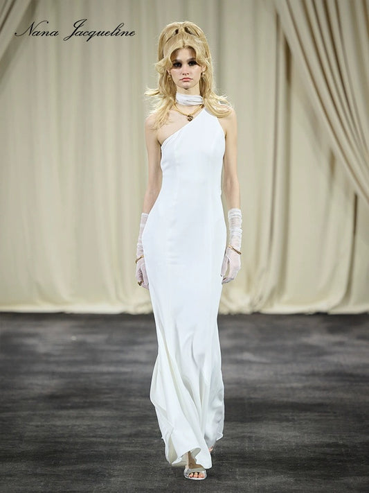 NanaJacqueline white ribbon with diagonal collar fish tail maxi dress