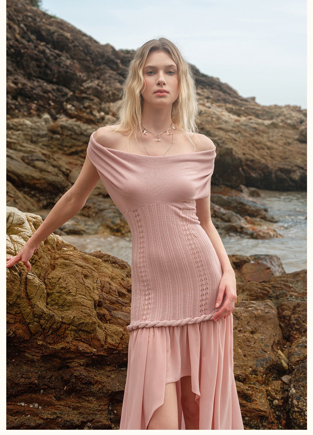 Cream Draped Halter Knit High-Low Chiffon Maxi Dress