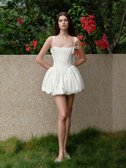 White Spaghetti Strap Bow Corset Puff Mini Dress