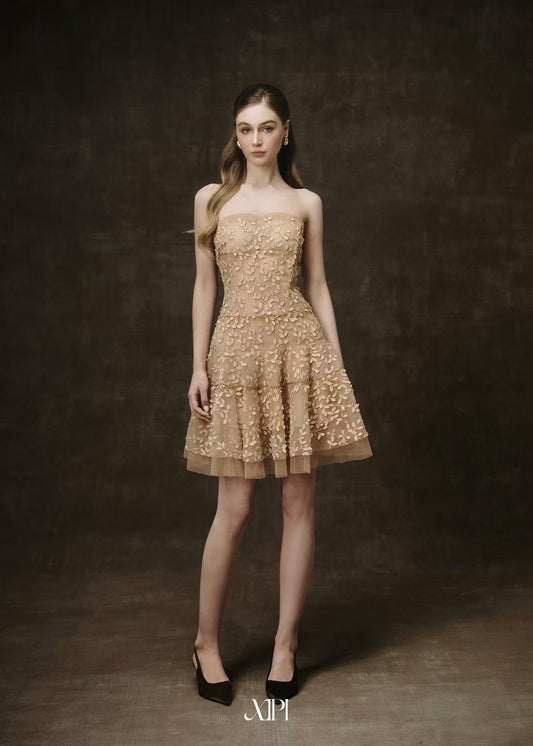 Brown 3D Lace Crystal-embellished Straps Tube Midi Dress