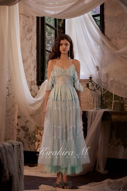 KIRAKIRA M Blue Diamond Embellished Feather Lace Extra Maxi Dress + Bottoms (Slightly Sheer)