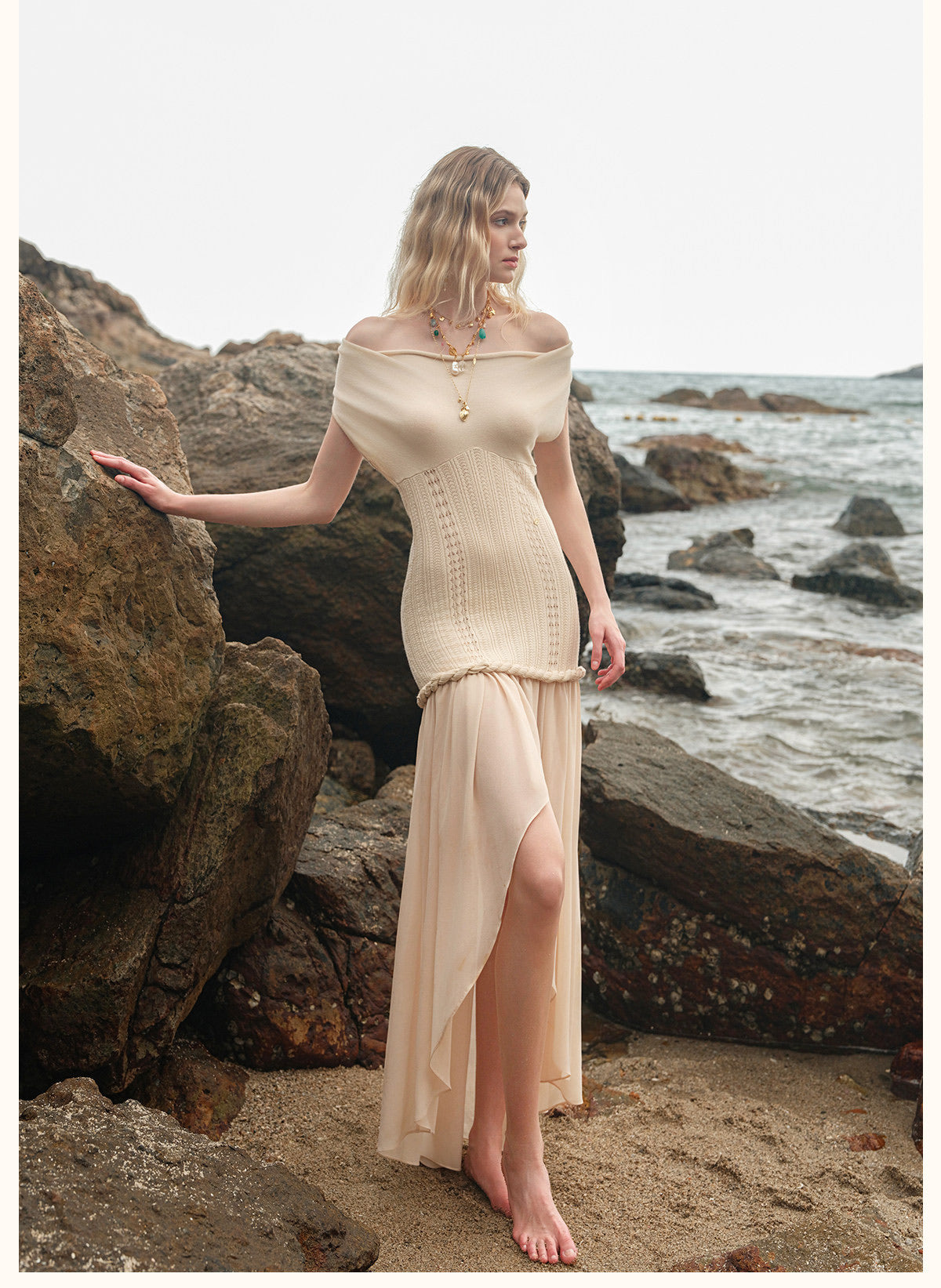 Cream Draped Halter Knit High-Low Chiffon Maxi Dress
