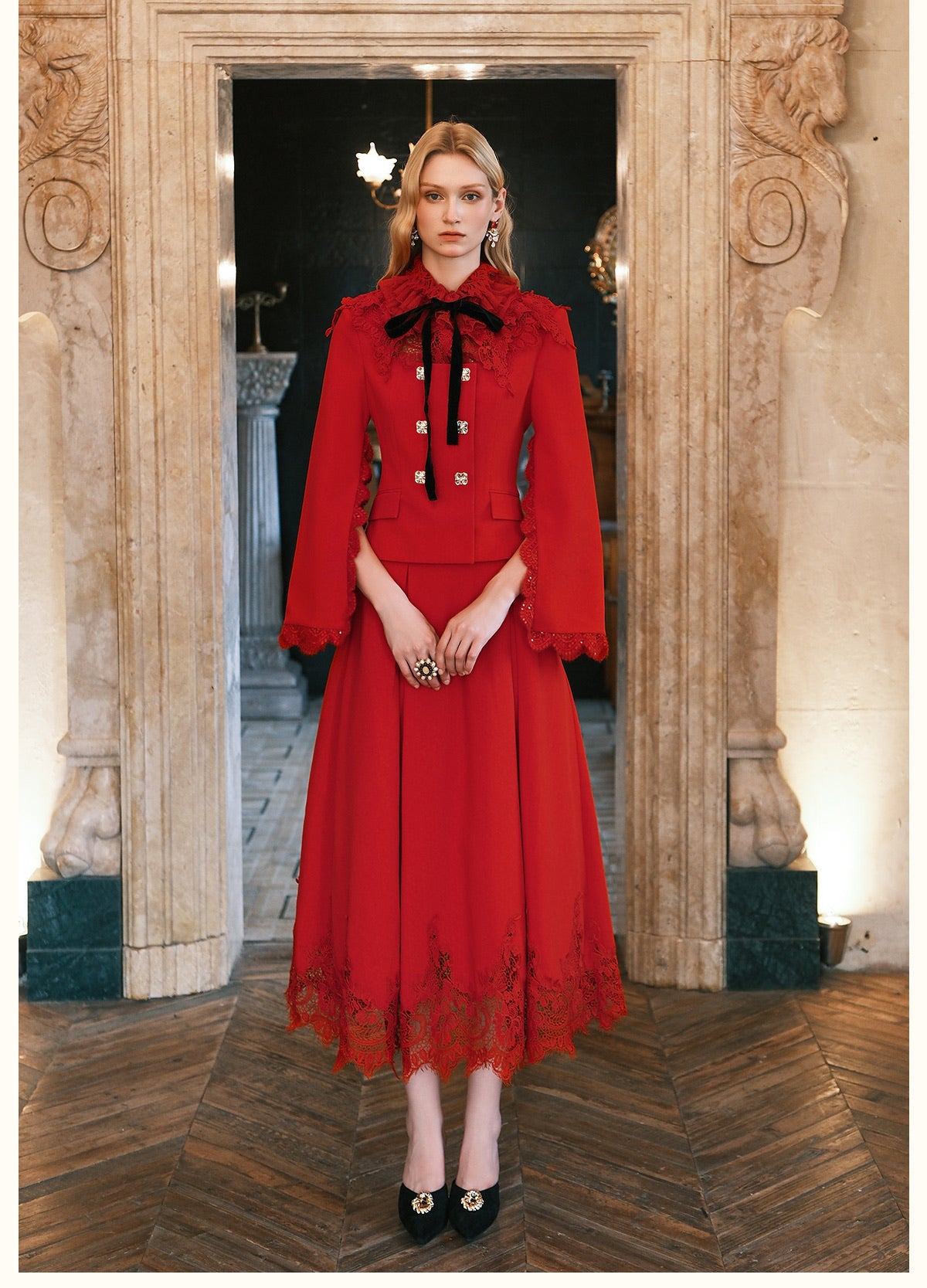 SHEERLUCK Black Mirage Vintage Stand Collar Lace & Diamond-embellished Jacket & Skirt