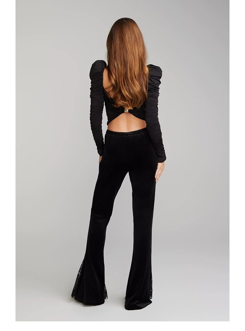 Nana Jacqueline Pink｜Black｜White Square Neck Top & Black Velvet Lace Pants