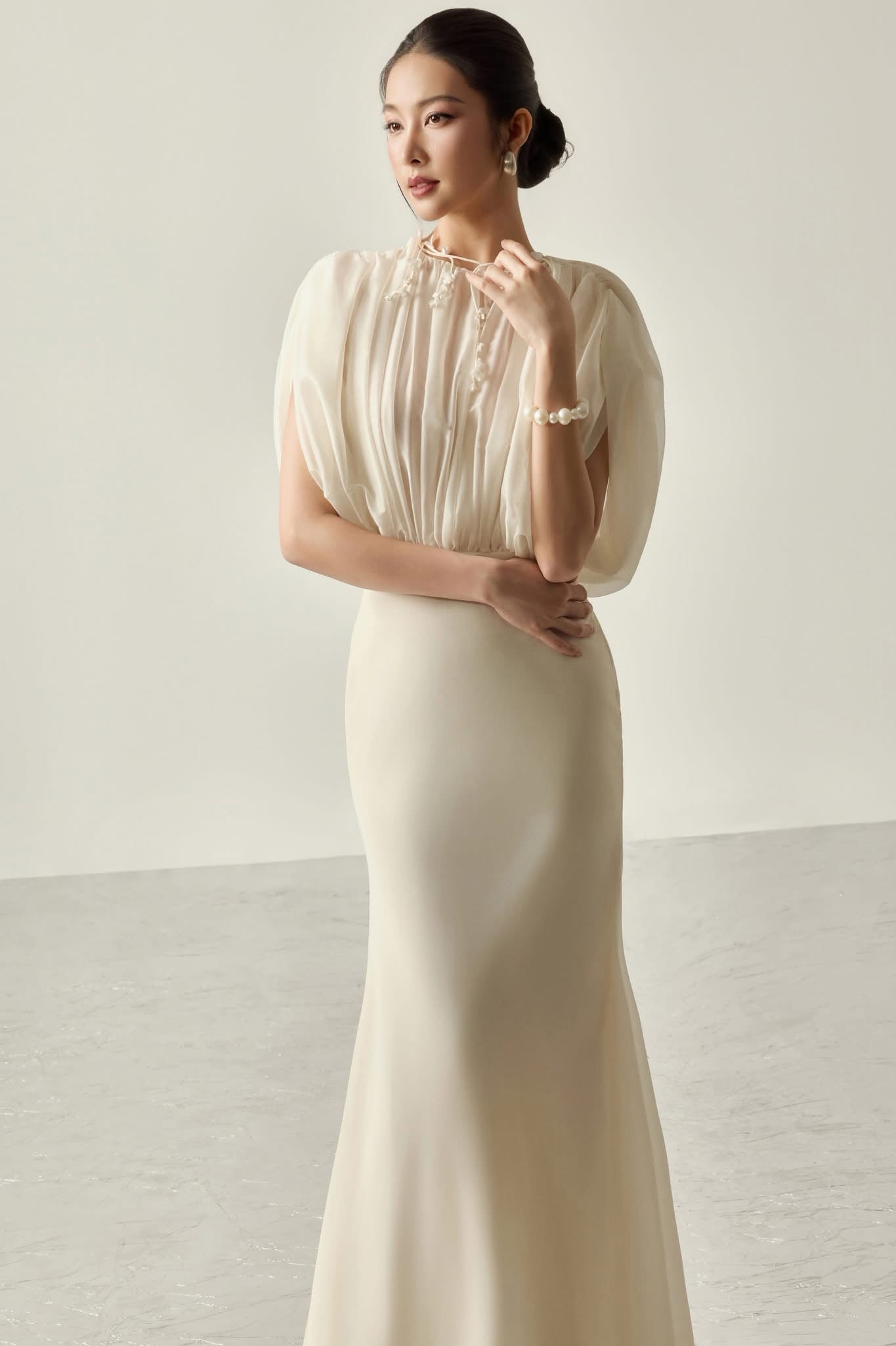 White Clio Sheer Ruched Maxi Dress
