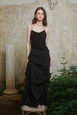 Black Spaghetti Strap Cowl Neck Deconstructed Asymmetric Ruffle Maxi Dress