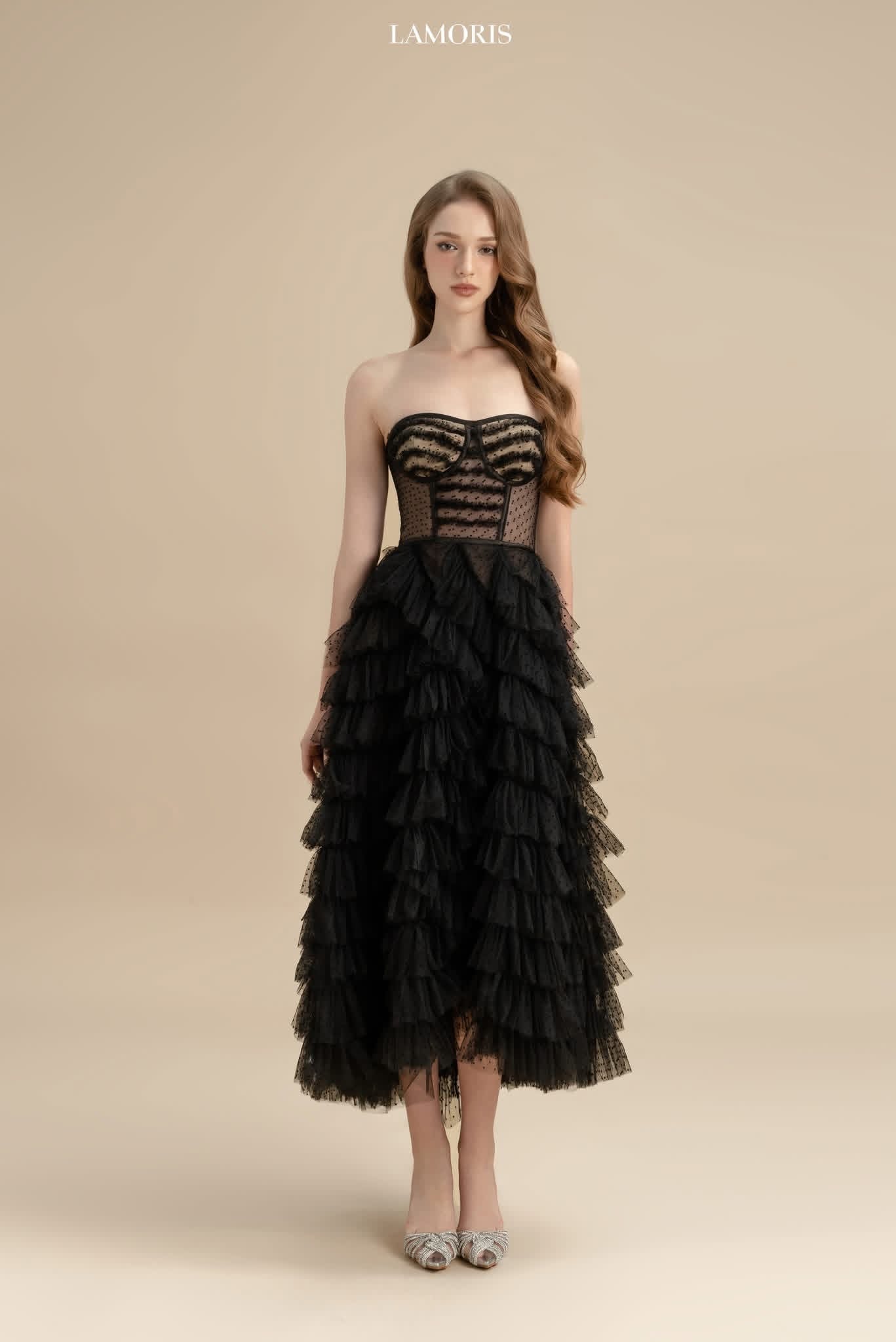 LAMORIS Black Layer Mesh Velvet Midi Dress