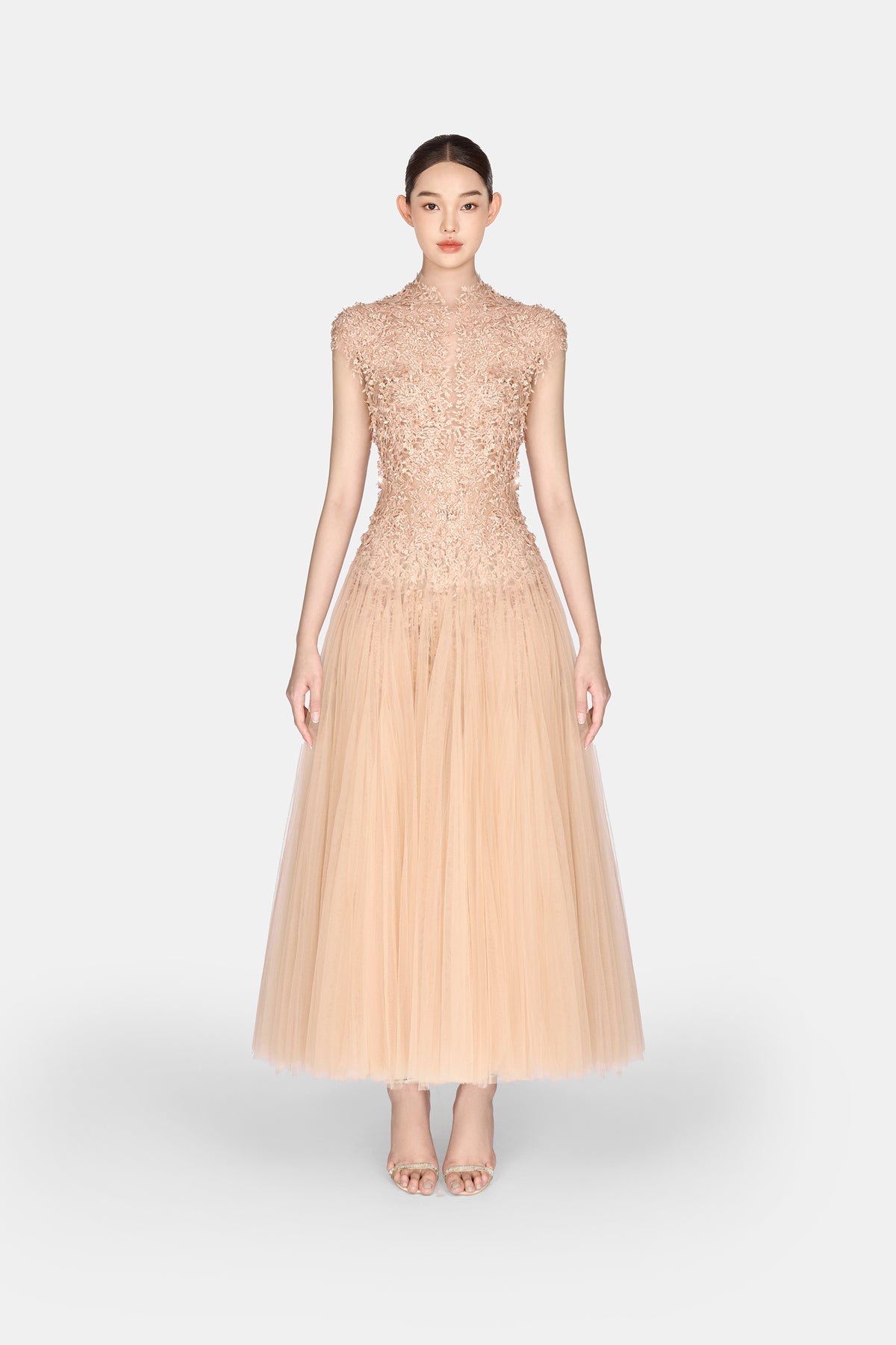 MONTSAND Nude Peach Ombré Cut-Out Lace Midi Dress