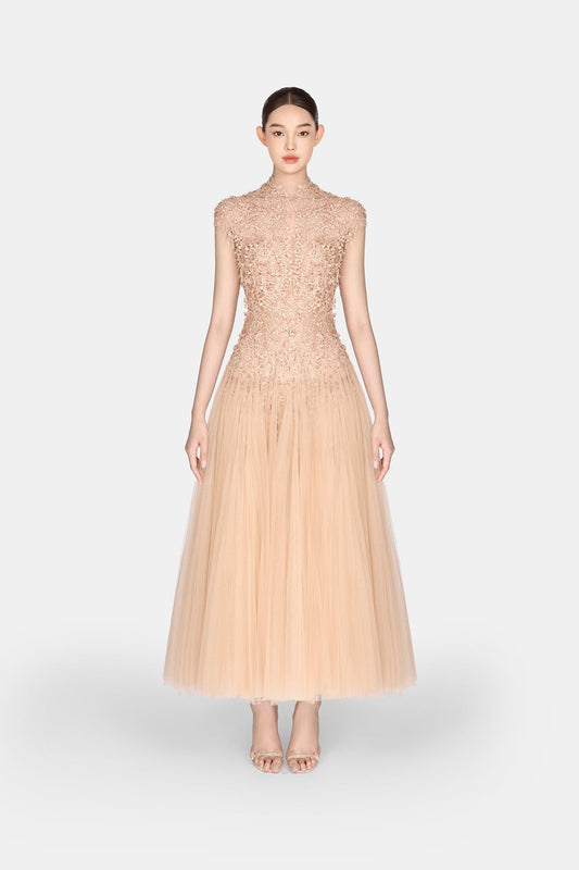 MONTSAND Nude Peach Ombré Cut-Out Lace Midi Dress