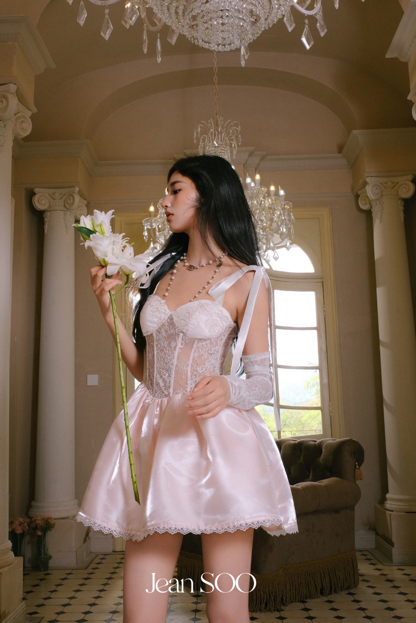 JEAN SOO Sweet Vacation Pink Lace Bow Mini Dress