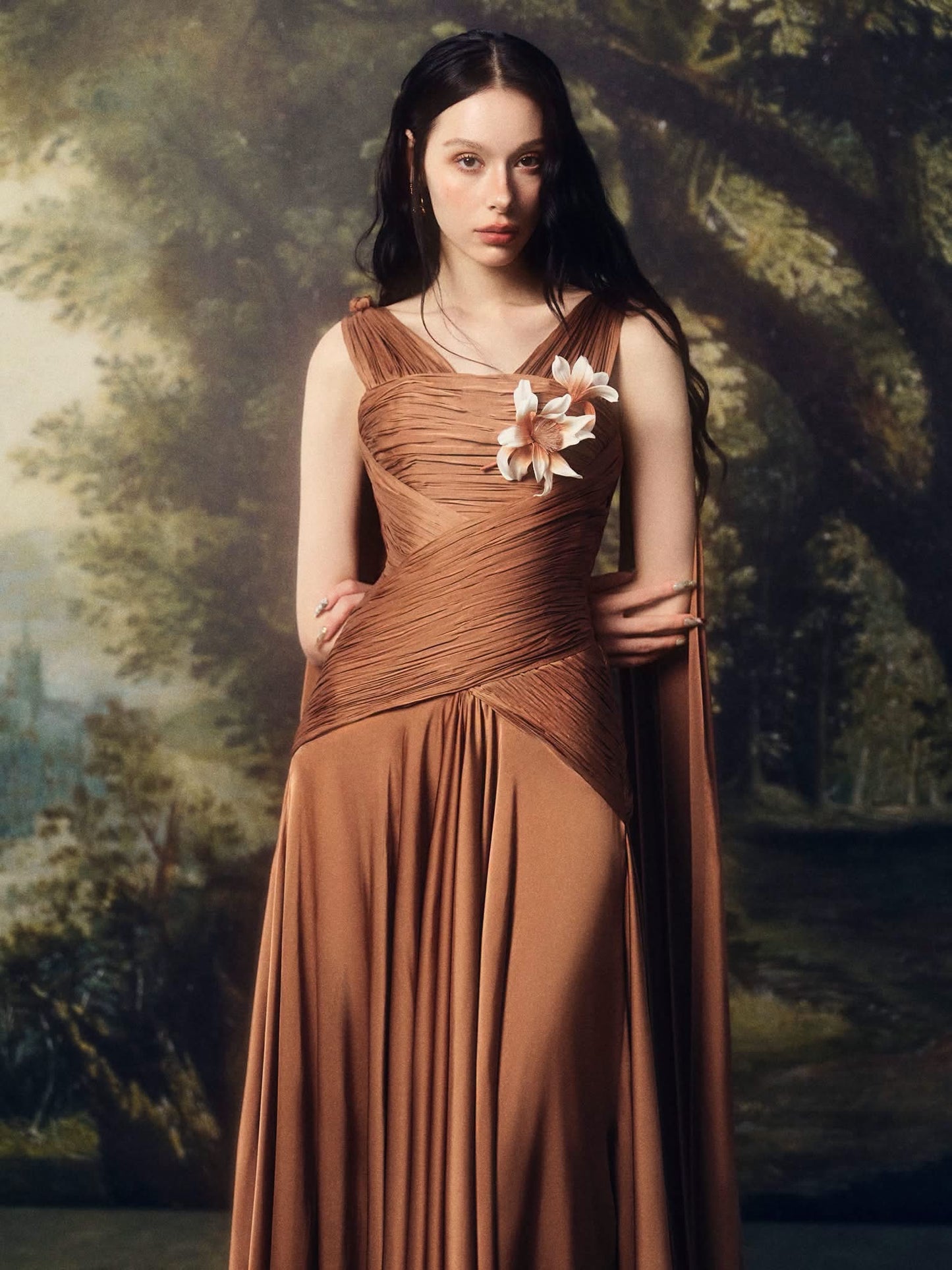 LINHPHUNG Brown Ambriel Floral Pleated Maxi Dress