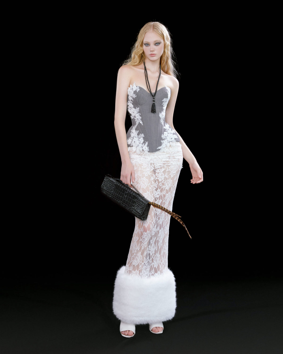 Grey Lace-Panel Corset Top & Sheer Lace Trumpet Maxi Skirt