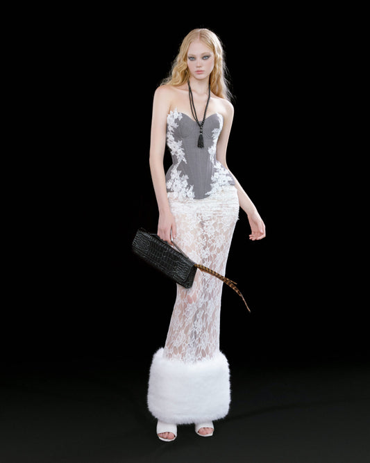 Grey Lace-Panel Corset Top & Sheer Lace Trumpet Maxi Skirt