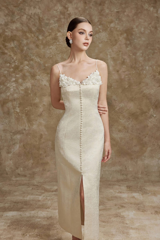 White 3D-Petal Corset Pearl-Button Slit Gigi Midi Dress