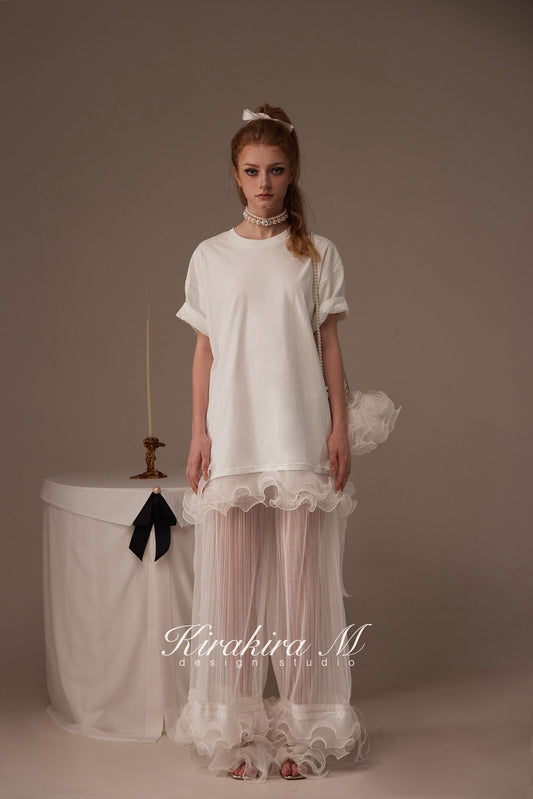 Kirakira M White & Black Bow Top& Lace Shorts& Lace Low Rise Pants