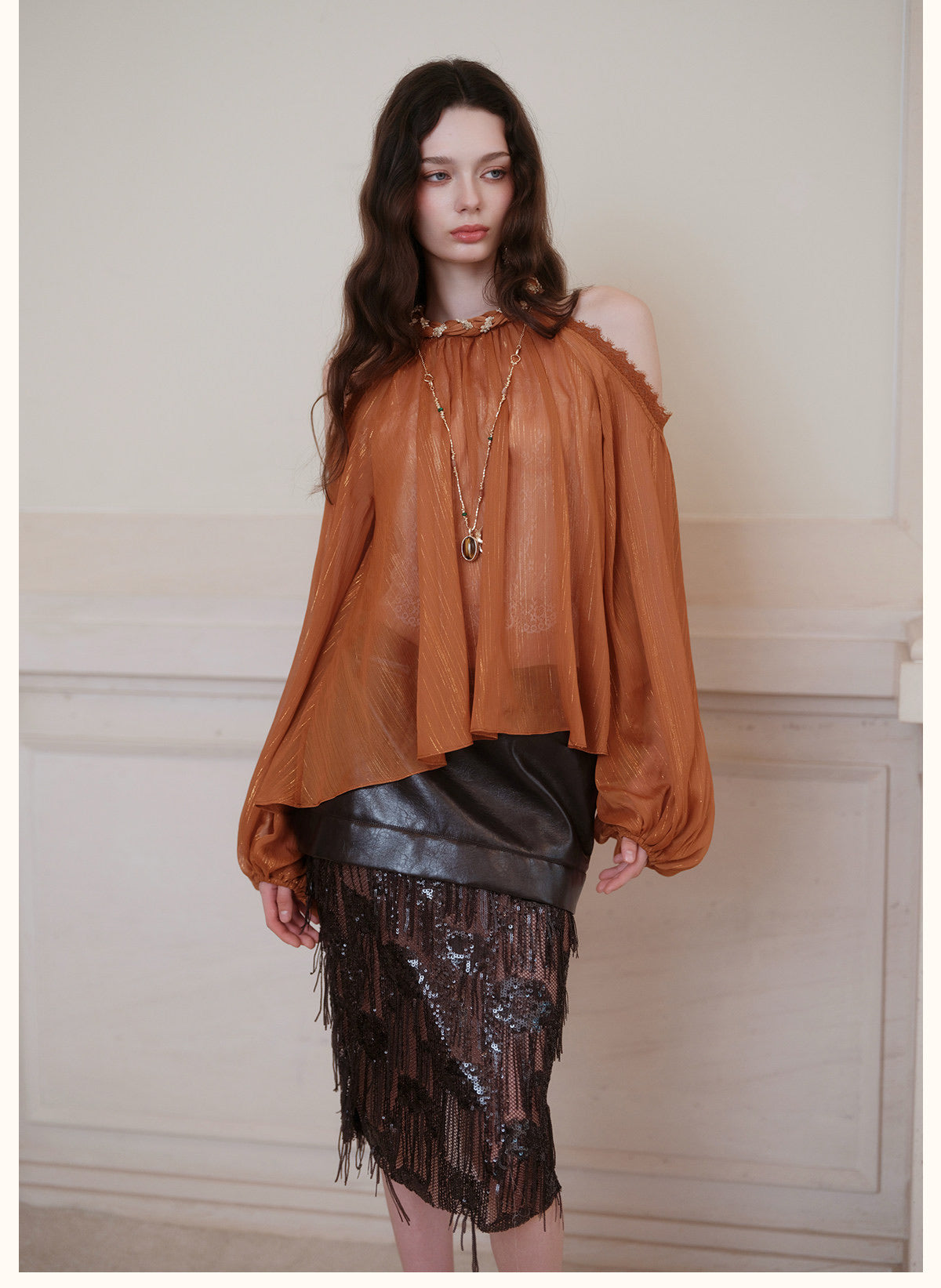 Cream Halter Off-Shoulder Lantern-Sleeve Metallic Shirt