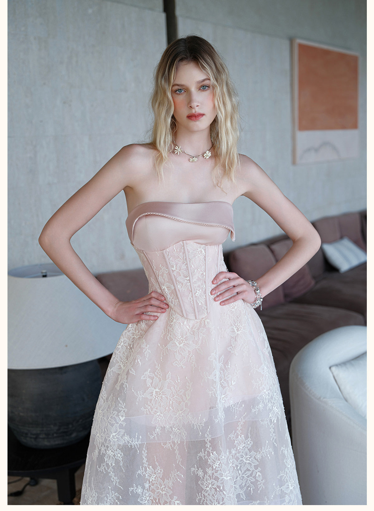 Sheerluck Elegant Vacation Brown Serenata French-collar Strapless Mini Dress & Tulle Maxi Dress