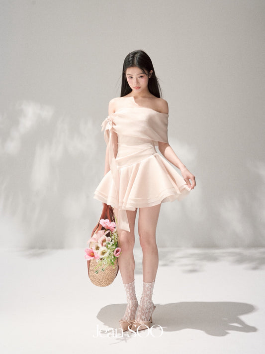 JEAN SOO Sweet Vacation Pink Satin Slopeing Shoulder Mini Dress