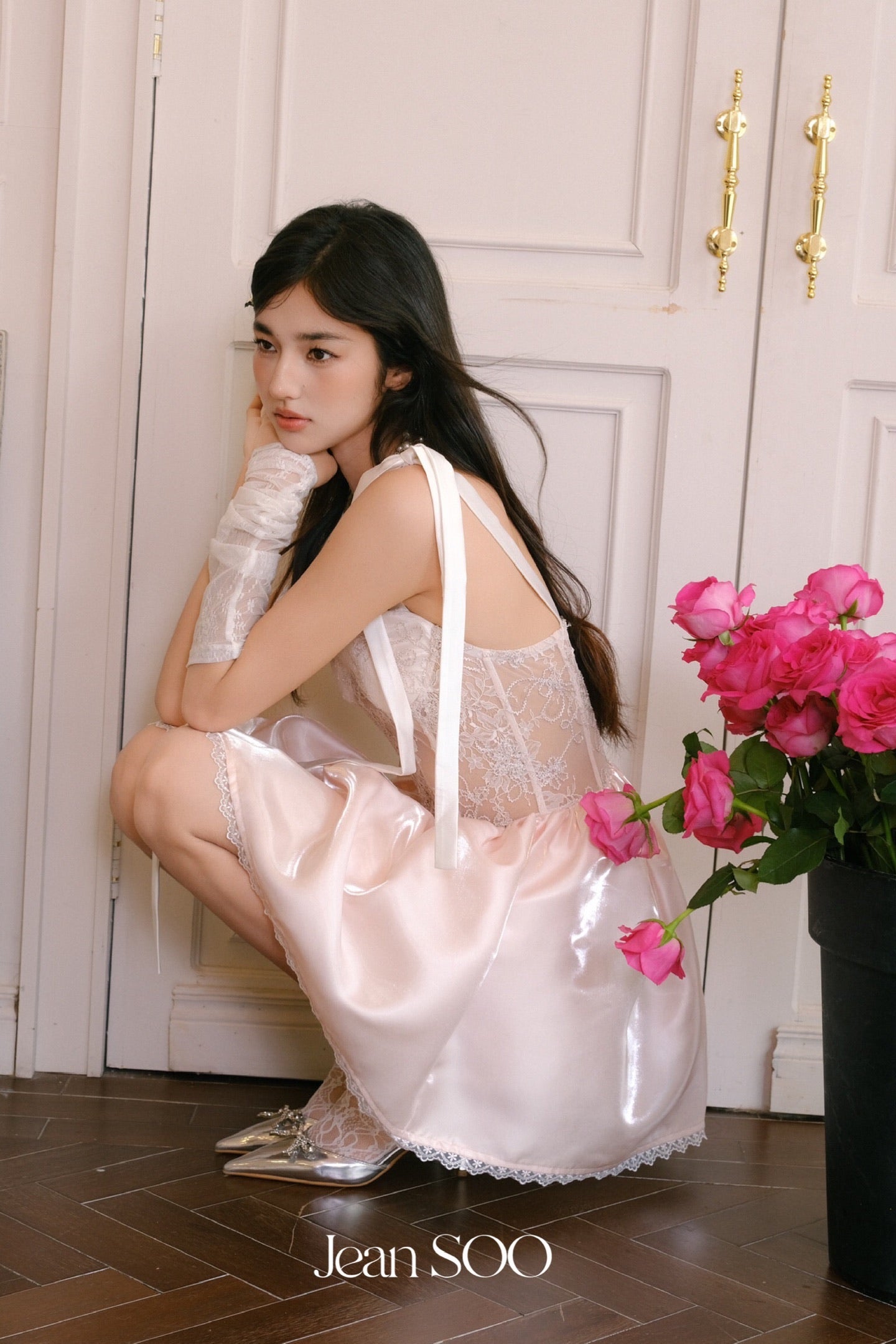 JEAN SOO Sweet Vacation Pink Lace Bow Mini Dress