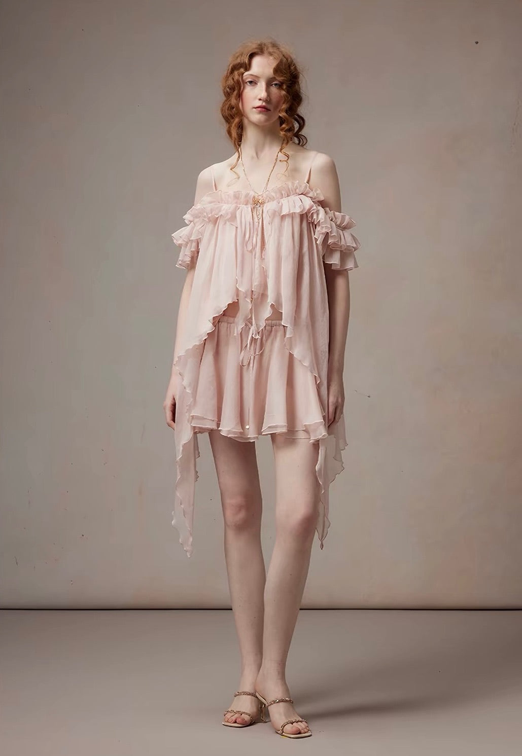 Pink Off-Shoulder Ruffle Strap Asymmetric Layered Chiffon Top & Mini Skirt