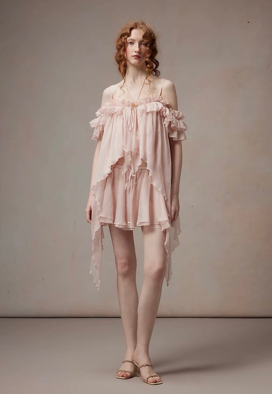 Pink Off-Shoulder Ruffle Strap Asymmetric Layered Chiffon Top & Mini Skirt