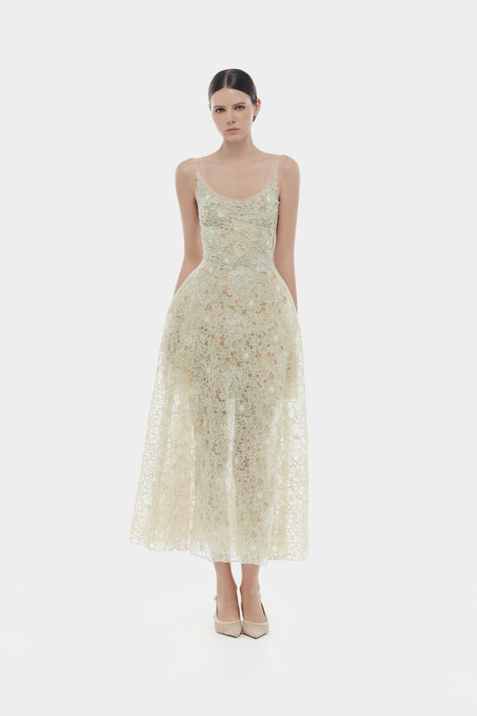 MONTSAND Green Flower Lace Midi Dress
