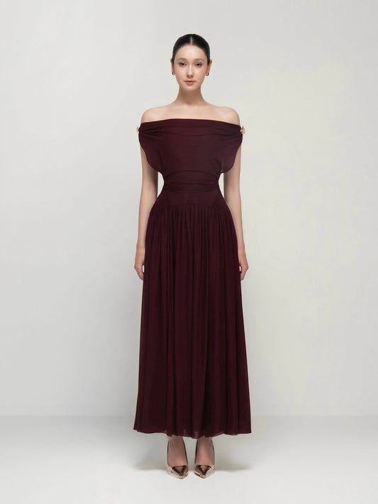 Brown Off-shoulder Shaula Maxi Dress