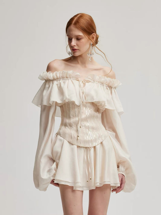 Cream Off-Shoulder Ruffle Corset Top & Mini Skirt
