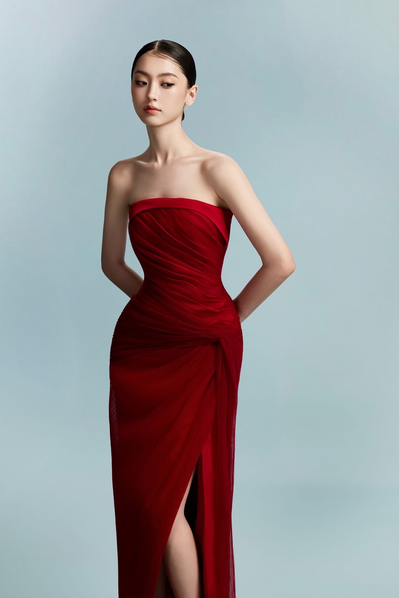 BYDI Elegant Minimalist Red Lenci Maxi Dress