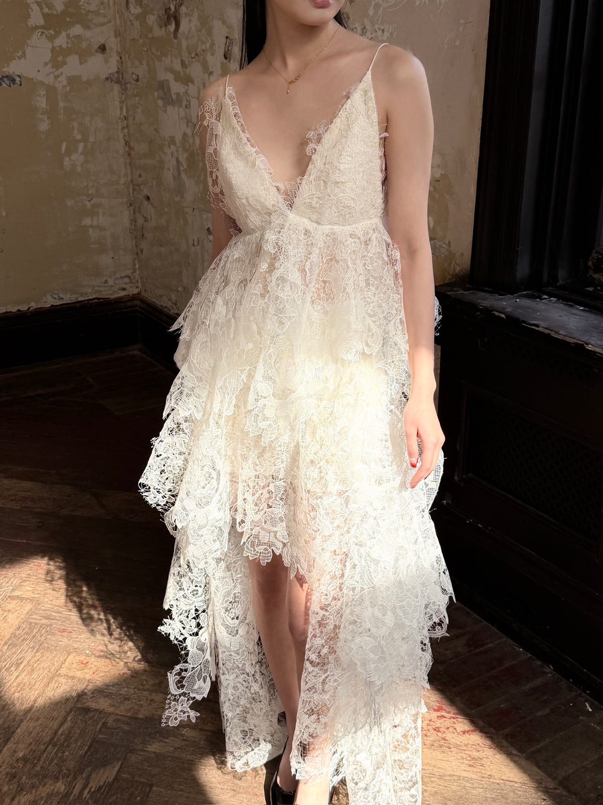 White Off-White V-Neck Spaghetti Strap Lace Top & Midi Skirt