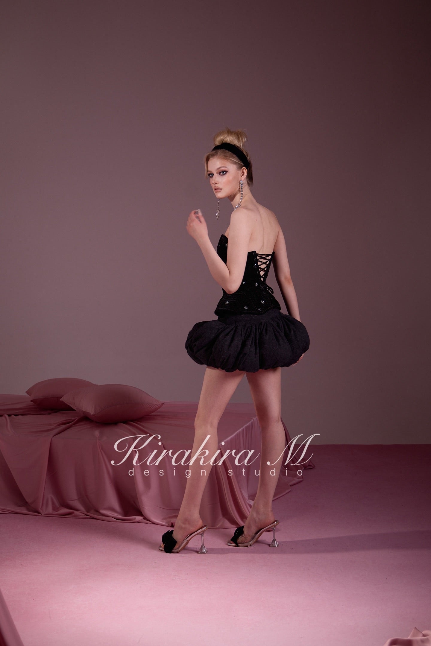 KIRAKIRA M Black Lightweight Quilted Beaded Top & Knitted Low-Waisted Bubble Skirt & Short