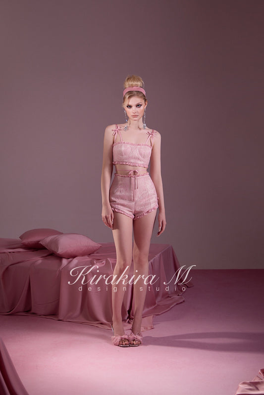 KIRAKIRA M Pink Lace-trimmed Top & High-waisted Shorts