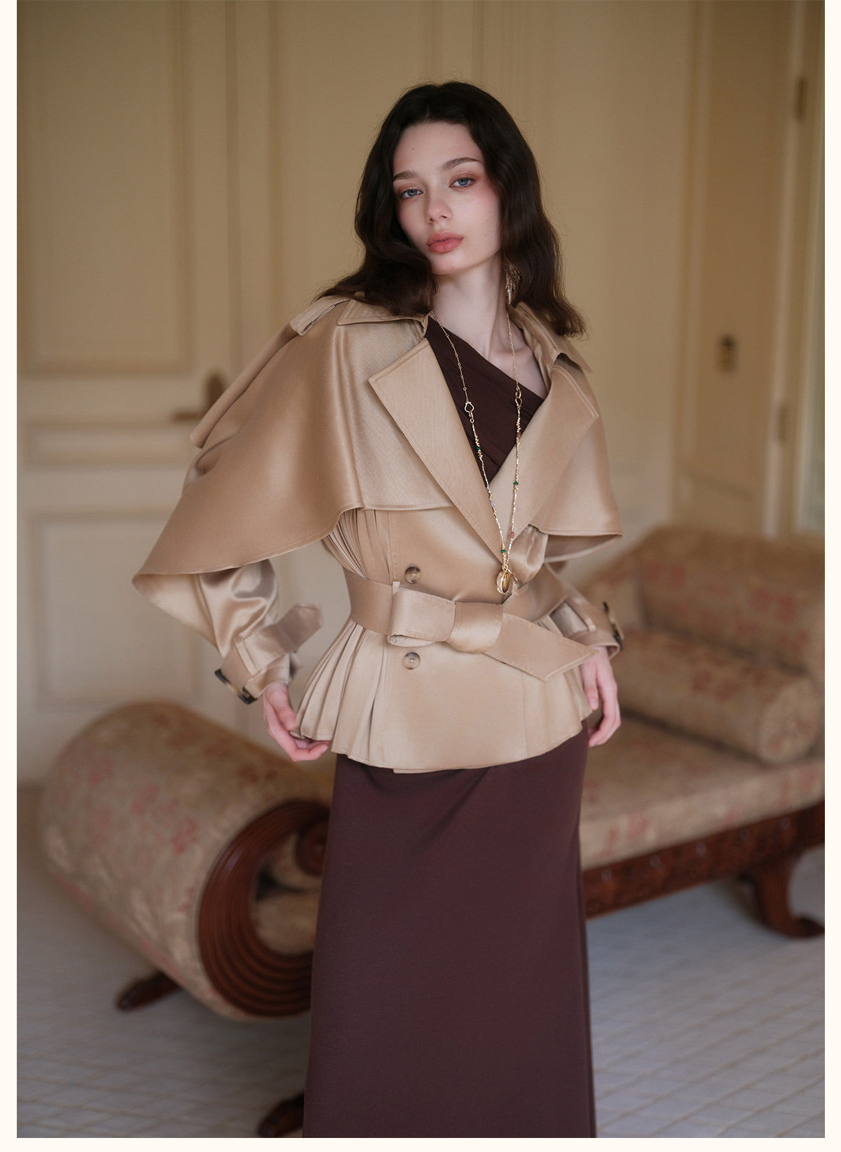 Red Cape-Sleeve Cinched Cropped Jacket