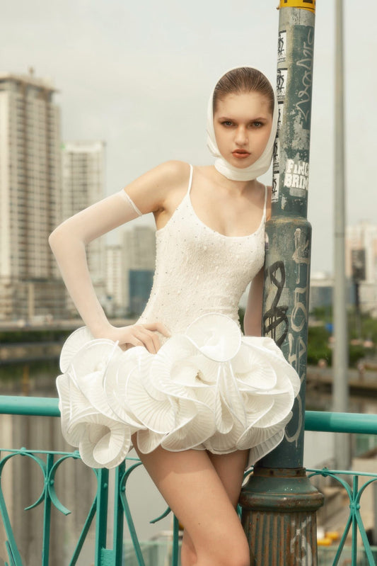 White Strap U-Neck Sequin Lace Corset 3D Sculptural Petal Mini Dress & Over Skirt