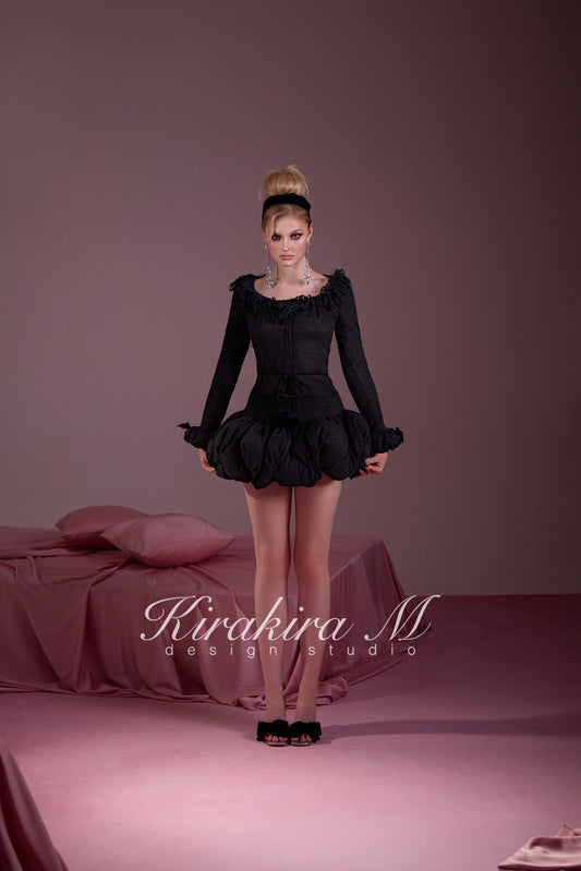 KIRAKIRA M Black Stretch Knit Bubble Sleeve Jacket & Skirt