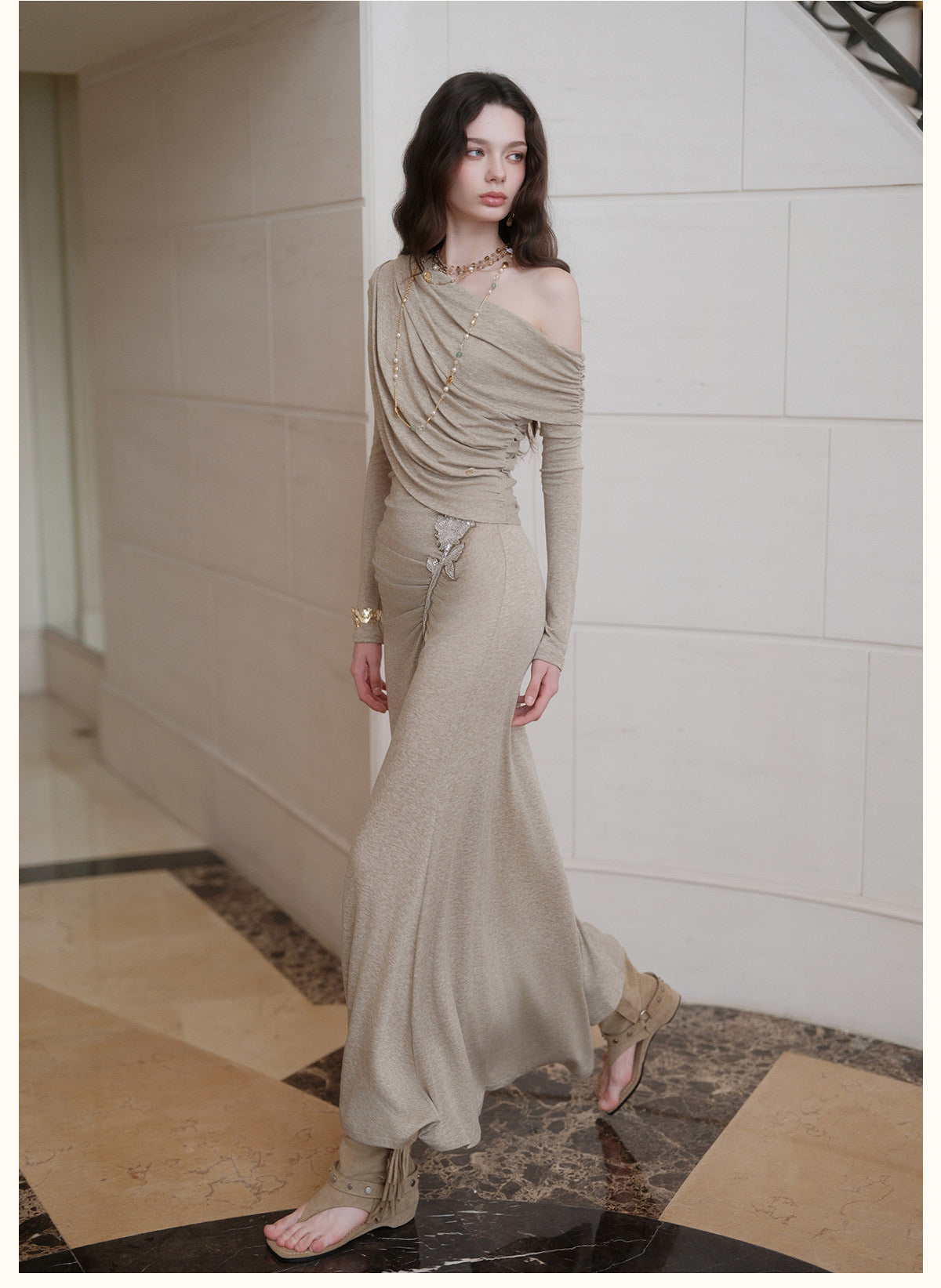 Brown Off-Shoulder Cross-Drape Long-Sleeve Knit Gown Midi Dress