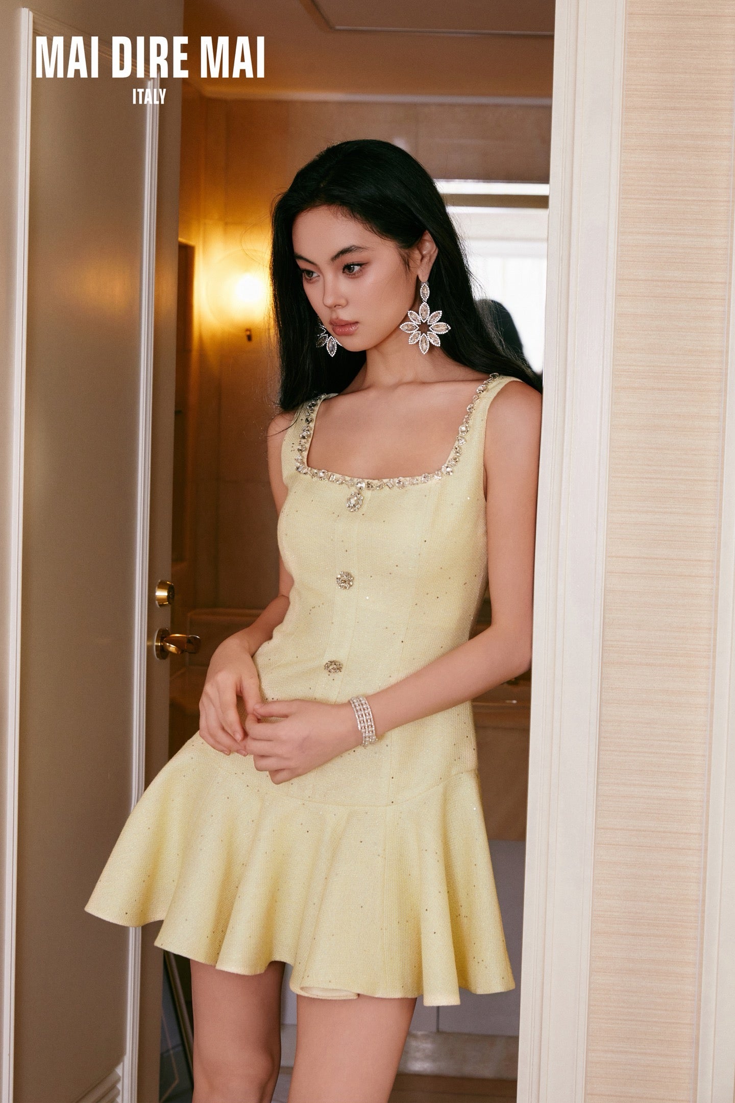 MAI DIRE MAI Sweet Elegant Yellow Tweed Mini Dress