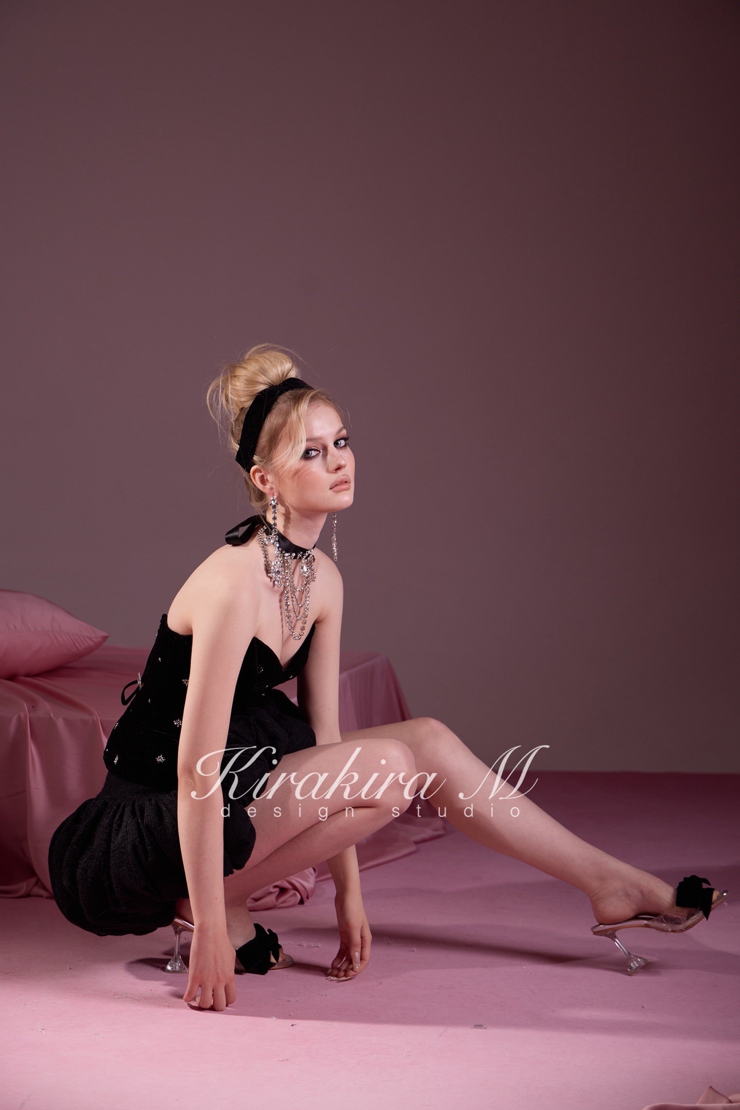 KIRAKIRA M Black Lightweight Quilted Beaded Top & Knitted Low-Waisted Bubble Skirt & Short