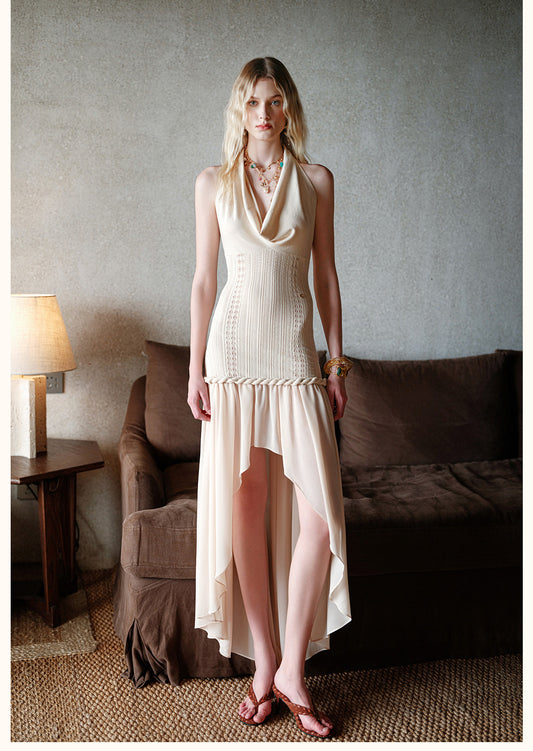 SHEERLUCK Elegant Vacation Cream Luna V-neck Midi Dress