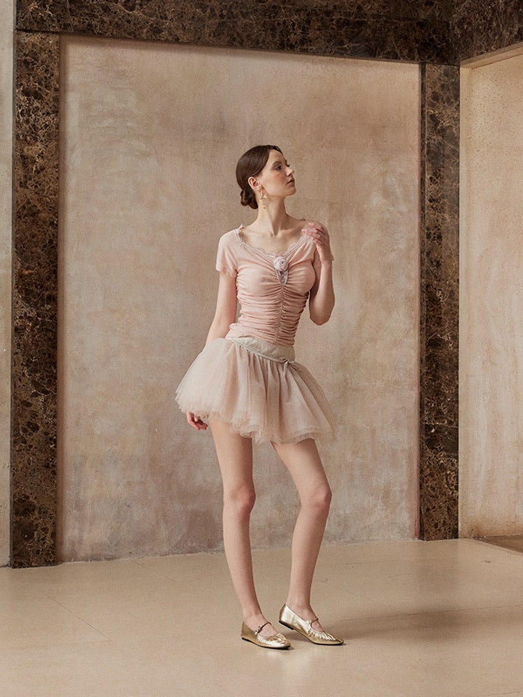 Fa sogno Pink Rose Top with Fishbone & Mini Skirt