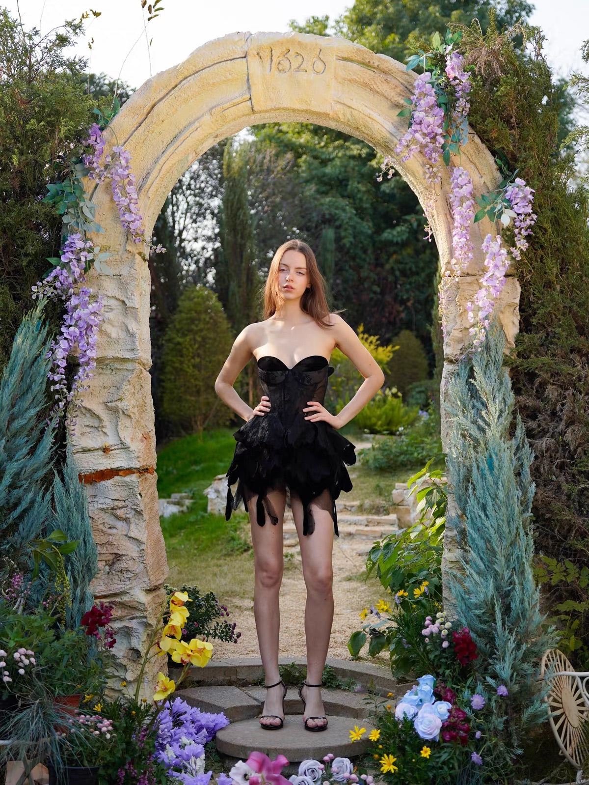 Black Lace Feather Corset Petal Mini Dress