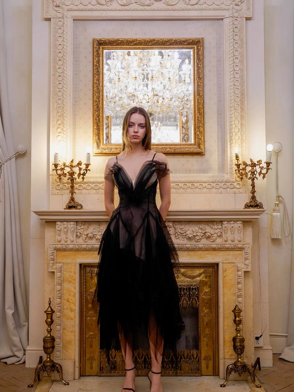 Black V-Neck Sheer Pleated Tulle Midi Dress