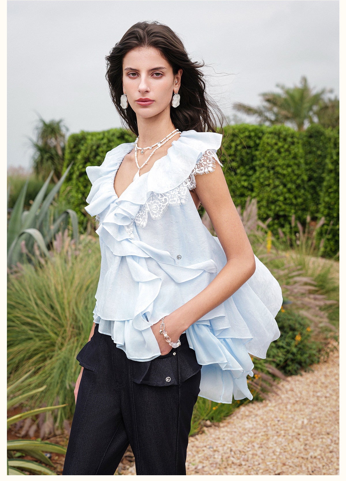 SHEERLUCK Vacation Fairycore White Ripple V-neck Top & Indigo Pants