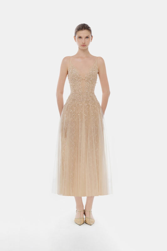 MONTSAND Nude Pastel Deep-V Midi Dress